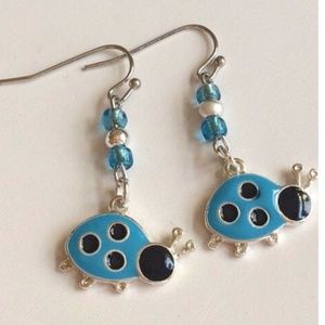 Silver Ladybug Earrings Blue Black Enamel